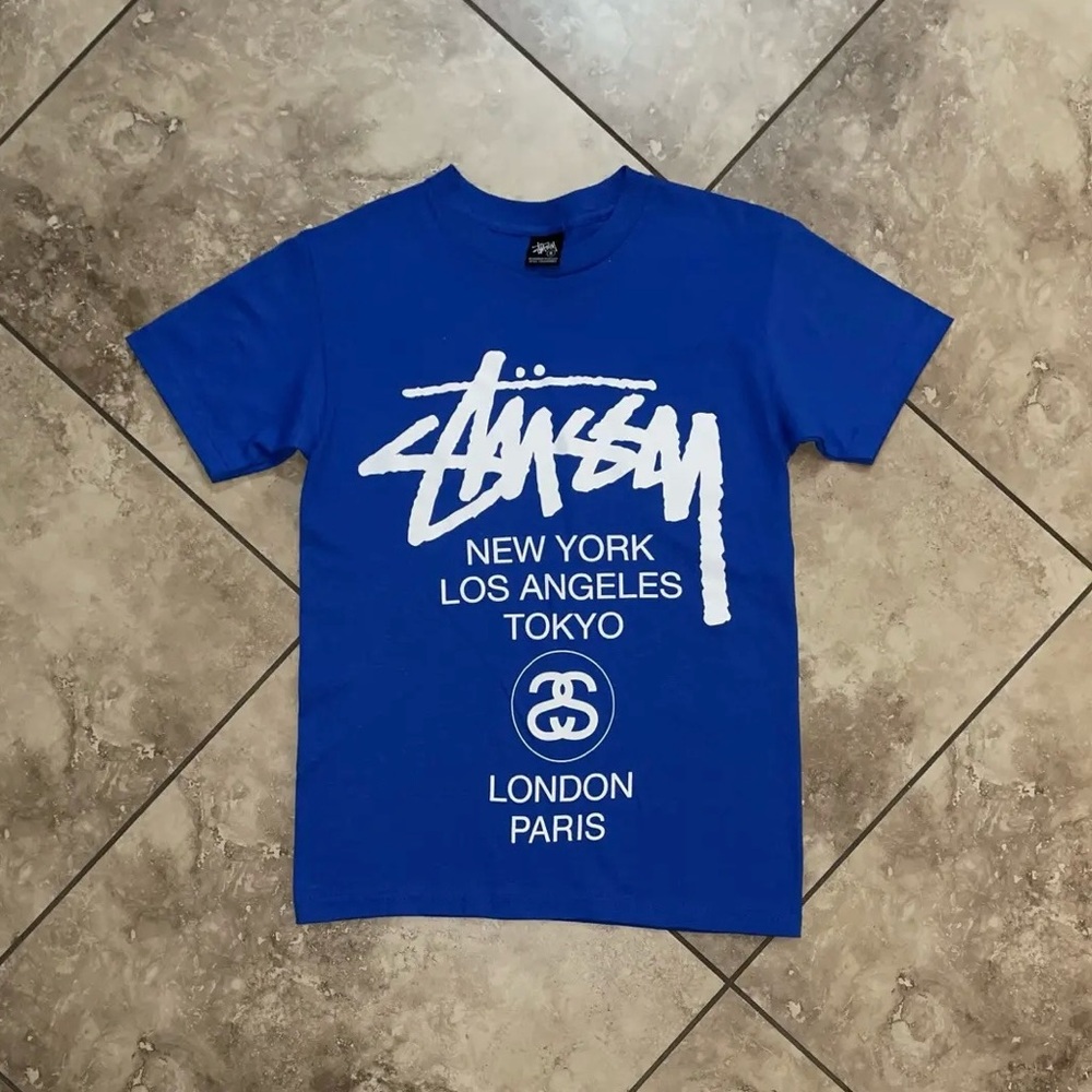Stussy World Tour Tee T-shirt Royal Blue Size Small - Picture 1 of 4